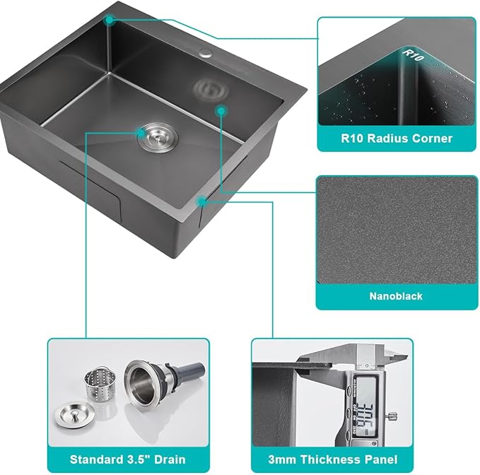 25-Inch Drop-In Kitchen Sink - TSIBOMU 25x22 Inch Kitchen Sinks Topmount Single Bowl Single Hole 8.5 inch Deep Bowl 18 Gauge Stainless Steel Black