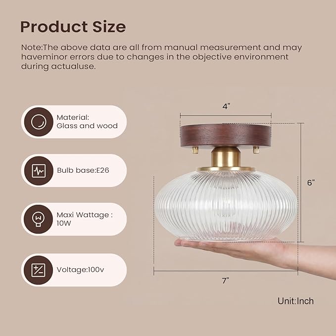 Retro Walnut Base Amber Fluted Glass Ceiling Light – Vintage Ribbed Glass Semi-Flush Mount Fixture with Metal Wood Base, E26 Base 10W Max, for Kitchen Island, Hallway, Bedroom