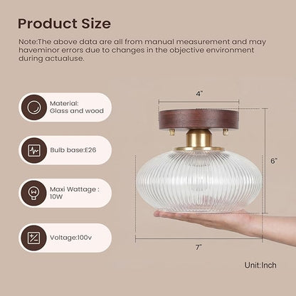 Retro Walnut Base Amber Fluted Glass Ceiling Light – Vintage Ribbed Glass Semi-Flush Mount Fixture with Metal Wood Base, E26 Base 10W Max, for Kitchen Island, Hallway, Bedroom