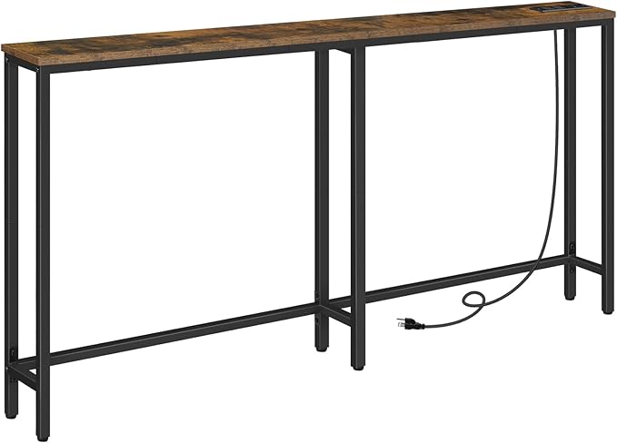 HOOBRO 63" Narrow Console Table with Charging Station, 5.9" Slim Sofa Table Behind Couch, 2 AC Outlets & USB-C Ports, Long Entryway Tables for Small Spaces, Livingroom, Rustic Brown BF165UXG01G1