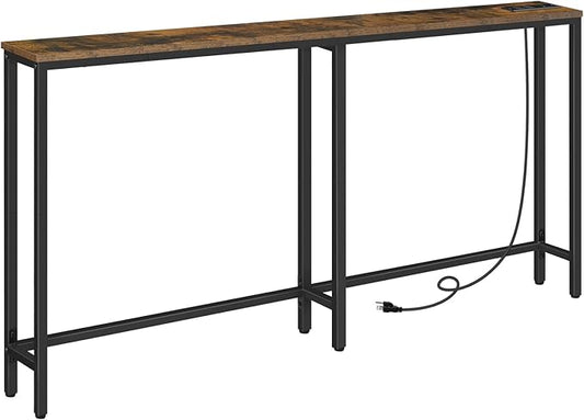 HOOBRO 63" Narrow Console Table with Charging Station, 5.9" Slim Sofa Table Behind Couch, 2 AC Outlets & USB-C Ports, Long Entryway Tables for Small Spaces, Livingroom, Rustic Brown BF165UXG01G1
