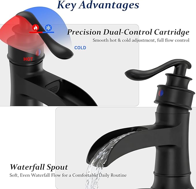 BWE Matte Black Waterfall Bathroom Sink Faucet 1 Hole or 3 Hole, Single Handle Bathroom Vanity Faucet with Pop-Up Drain and Water Supply Lines