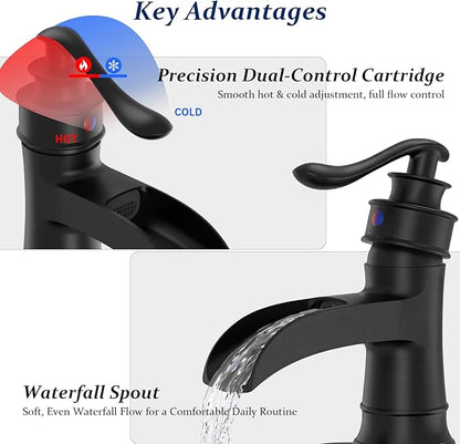 BWE Matte Black Waterfall Bathroom Sink Faucet 1 Hole or 3 Hole, Single Handle Bathroom Vanity Faucet with Pop-Up Drain and Water Supply Lines