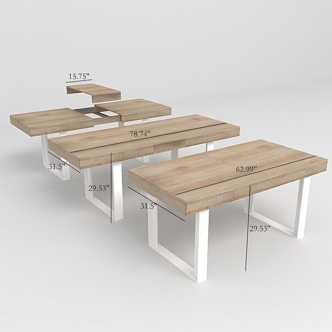63" - 79" Extendable Dining Room Table, Expandable Kitchen Table for 6 to 10 People, Modern Wood Conference Table, Large Farmhouse Dining Table(White Oak, Double-U Base)