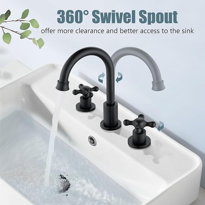 Aolemi 8 Inch 3 Holes Widespread Bathroom Sink Faucet Double Cross Handle SUS304 360 Degree Swivel Spout with Pop Up Drain Deck Mount Lavatory Mixer Tap Matte Black