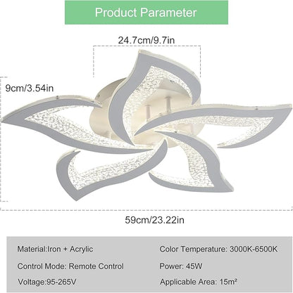 Garwarm Modern Ceiling Light,23.6” Dimmable LED Chandelier Flush Mount,Remote Control Acrylic Flower Celing Lamp Fixture for Living Room Dining Room Bedroom Hallway 45W White