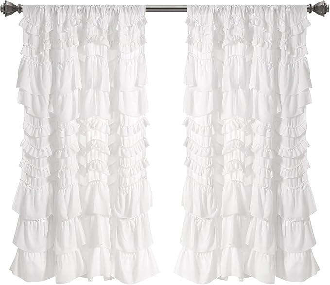 Lush Decor Kemmy Light Filtering Window Curtain Panel Single 52" W x 63" L White - Drapes - Ruffled Curtains for Bedroom - White Curtains - Coquette Decor