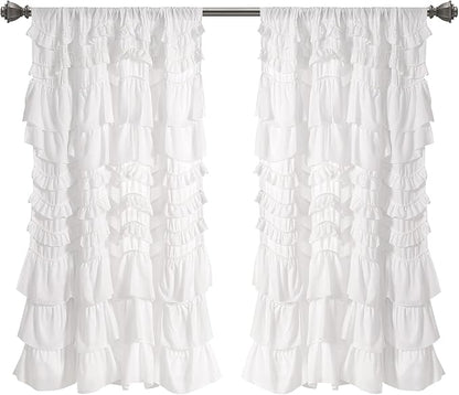 Lush Decor Kemmy Light Filtering Window Curtain Panel Single 52" W x 63" L White - Drapes - Ruffled Curtains for Bedroom - White Curtains - Coquette Decor