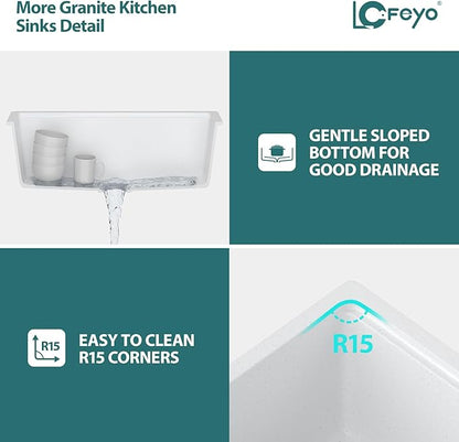 30x19 Inch White Undermount Kitchen Sink 30"x19" Workstation Granite Composite Quartz Sink Granite Quartz Modern Under Counter Ledge Single Bowl Basin Deep Sink