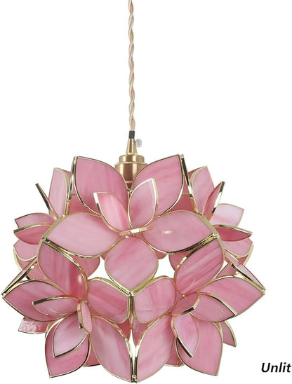 Bieye L10914 Petals Tiffany Style Stained Glass Ceiling Pendant Light for Home Decoration (Pink, 12" Rose Lily)