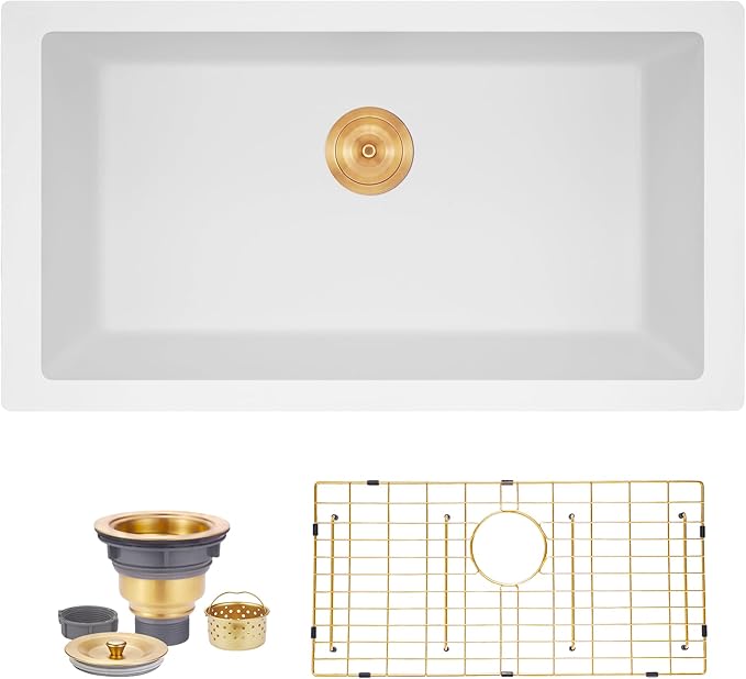 Kitsitchen 32 Inch Large Undermount Kitchen Sink, White Granite Composite Kitchen Sink with A Gold Sink Drain Assembly & Sink Bottom Gird, 32" x 18" Quartz Stone Kitchen Sink, Fast Drainage