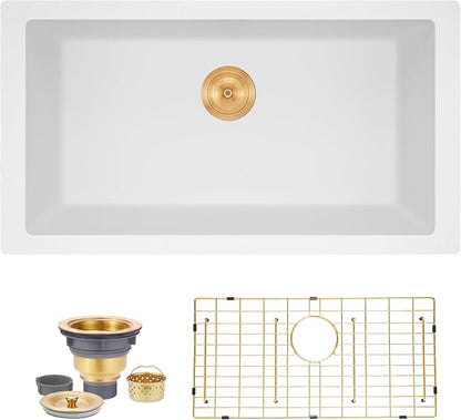 Kitsitchen 32 Inch Large Undermount Kitchen Sink, White Granite Composite Kitchen Sink with A Gold Sink Drain Assembly & Sink Bottom Gird, 32" x 18" Quartz Stone Kitchen Sink, Fast Drainage