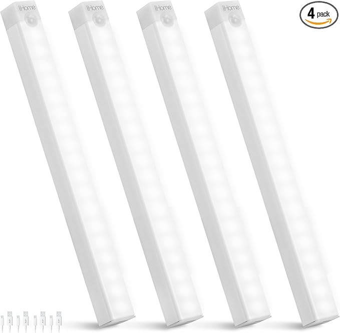 iHome Rechargeable Auto Sensing Light Bars, Motion Sensor, Dimmable, Auto/Always-On Modes, Easy Installation (4-Pack 8" LED Light Bar)