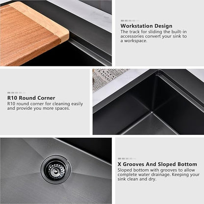 28 Inch Black Kitchen Sink Drop In Workstation-VASOYO 28x20 Inch Drop In Kitchen Sink 16 Gauge Gunmetal Black Stainless Steel Deep Single Bowl Topmount Sinks with Cutting Board