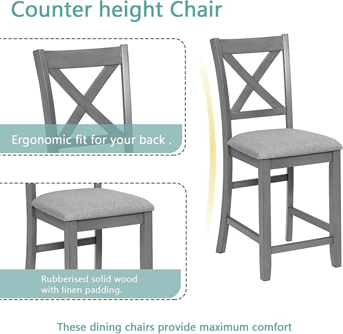 5 Piece Counter Height Dining Table Set for 4, Solid Wood Square Kitchen Table and 4 Upholstered Chairs, Modern Dining Room Table and Chairs Set for Kitchen and Dining Room, Gray