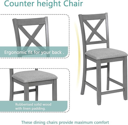 5 Piece Counter Height Dining Table Set for 4, Solid Wood Square Kitchen Table and 4 Upholstered Chairs, Modern Dining Room Table and Chairs Set for Kitchen and Dining Room, Gray