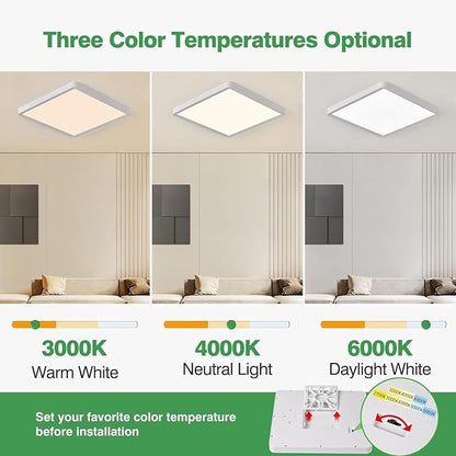 12 Inch Square LED Flush Mount Ceiling Light, 24W, 2520LM, 3000K/4000K/6000K CCT Selectable, Flat Panel Light, Low Profile, Fits for Hallway, Kitchen, Bedroom, Laundry Room (White, 12" 12PK)