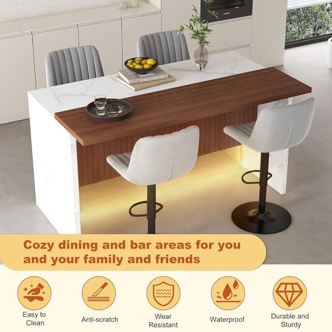 63 Inch Kitchen Island with 4 Deep Brown Bar Stools – White Marble Countertop, Integrated LED Lighting & Grille Design, Multi-Functional Breakfast Bar for Dining Rooms, (White+4grey)