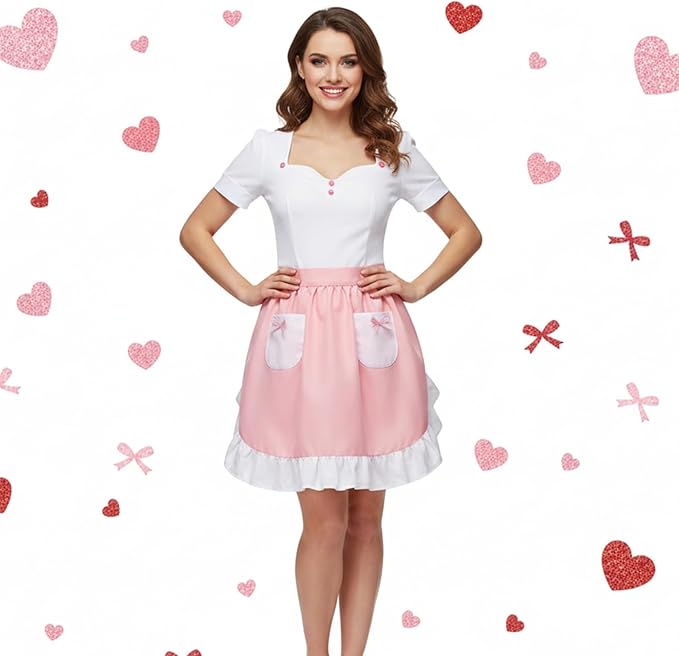 Geyoga Pink Waist Aprons for Women with Pockets Kitchen Waitress Maid Apron Vintage Skirt Cute White Ruffle Costume