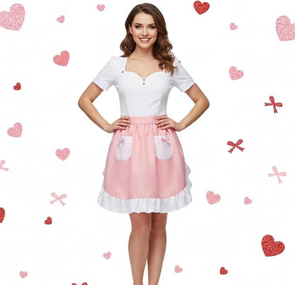 Geyoga Pink Waist Aprons for Women with Pockets Kitchen Waitress Maid Apron Vintage Skirt Cute White Ruffle Costume