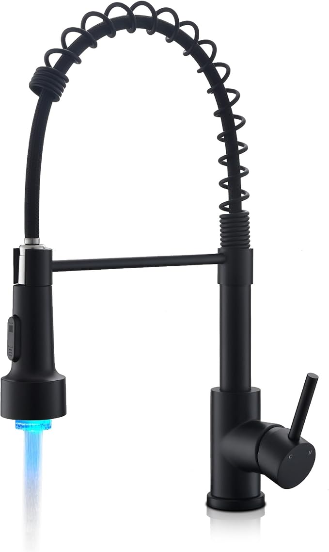 LUFEIDRA Black Kitchen Faucet with Sprayer LED Light, High Arc Spring 304 Stainless Steel Single Handle LED Faucets, Kitchen Sink Faucet for Bar Sink Rv, Matte Black