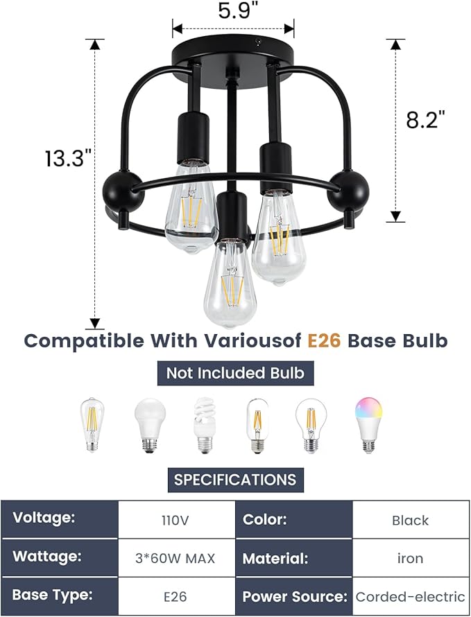 3 Light Industrial Ceiling Light Black Semi Flush Mount Lights Close to Ceiling Light Fixtures,cage Design Farmhouse Ceiling Lighting for Kitchen Bedroom Bathroom Foyer Hallway (E26, 1Pack)