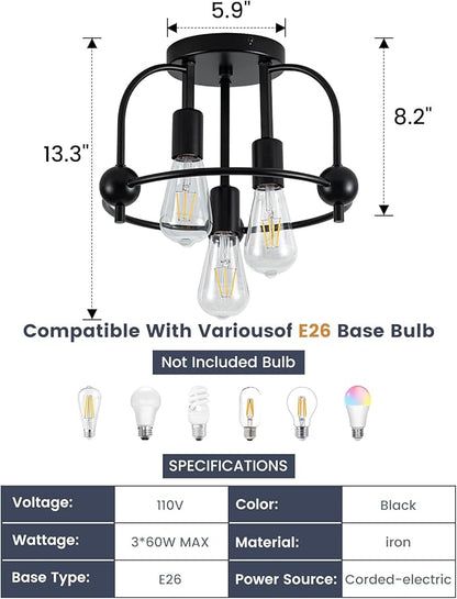 3 Light Industrial Ceiling Light Black Semi Flush Mount Lights Close to Ceiling Light Fixtures,cage Design Farmhouse Ceiling Lighting for Kitchen Bedroom Bathroom Foyer Hallway (E26, 1Pack)