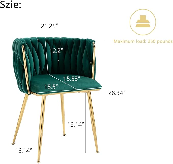 Nrizc Woven Dining Chairs Set of 2, Velvet Upholstered Dining Chairs with Gold Metal Legs, Modern Accent Chairs for Living Room, Dining Room, Kitchen (Green)