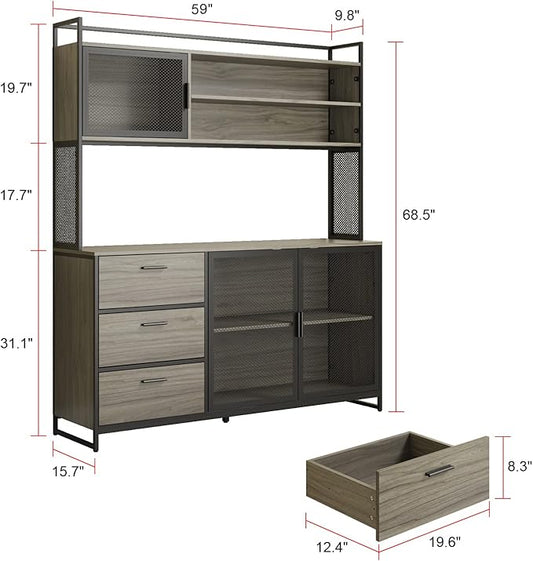 ECACAD Modern Wood Sideboard Buffet Storage Cabinet with Hutch, 3 Metal Mesh Doors, 3 Drawers & 5 Compartments, Kitchen Pantry Cupboard Console Table for Living Room, Dining Room, Walnut