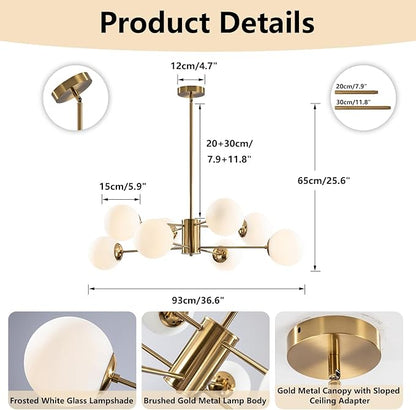 BOKT 8-Lights Large Gold Globe Chandelier Mid Century Modern Sputnik Light Fixture Brushed Brass Chandelier Ceiling Light White Glass Ball Sputnik Pendant Light