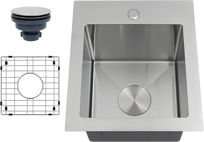 MILOSEN 17 x 19 inch Drop in Bar Sink, 304 Stainless Steel Topmount RV Small Kitchen Sink, Deep Outdoor Single Bowl Wet Bar&Prep Sinks with Bottom Grid and Strainer, Brushed Nickel