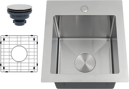 MILOSEN 17 x 19 inch Drop in Bar Sink, 304 Stainless Steel Topmount RV Small Kitchen Sink, Deep Outdoor Single Bowl Wet Bar&Prep Sinks with Bottom Grid and Strainer, Brushed Nickel