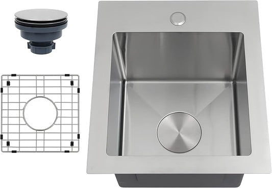 MILOSEN 17 x 19 inch Drop in Bar Sink, 304 Stainless Steel Topmount RV Small Kitchen Sink, Deep Outdoor Single Bowl Wet Bar&Prep Sinks with Bottom Grid and Strainer, Brushed Nickel