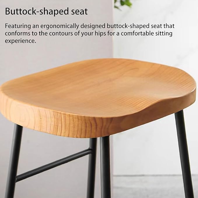 Rustic Backless Solid Wood Stools Set of 2, 45/65/75cm Counter Height stools with Metal Leg and Footrest, Chairs for Kitchen Island Dining Room,Black Legs-75cm