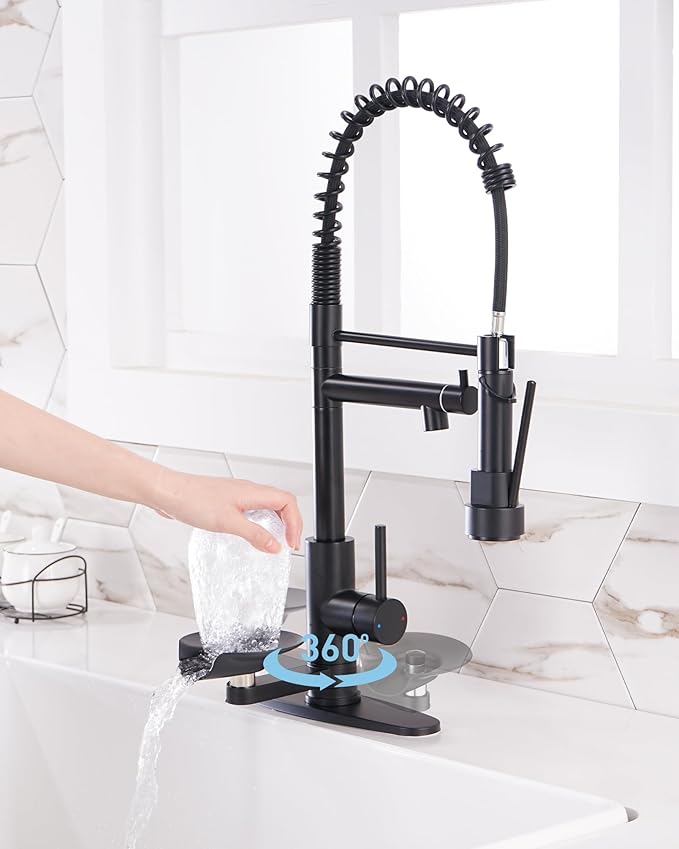 Kitchen Sink Fuacet with Glass Rinser, Single Handle Kitchen Faucet with Pot Filler, Pull Down Sparyer, Deck Plate, 304 Stainless Steel, Matte Black