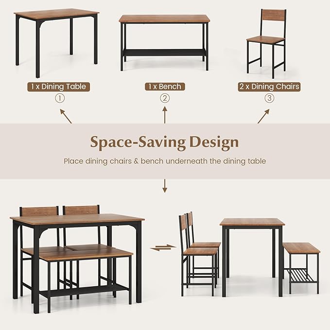 LDAILY Dining Table Set for 4, 4-Piece Wooden Kitchen Table and Chairs with Bench, Storage Rack & Metal Frame, Industrial Dining Room Table Set of 4 for Small Space, Apartment, Kitchen (Rustic Brown)