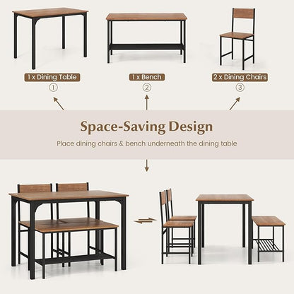 LDAILY Dining Table Set for 4, 4-Piece Wooden Kitchen Table and Chairs with Bench, Storage Rack & Metal Frame, Industrial Dining Room Table Set of 4 for Small Space, Apartment, Kitchen (Rustic Brown)