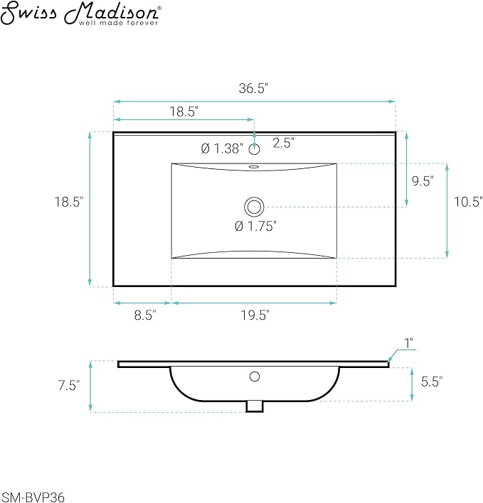 36" Ceramic Vanity Sink Top