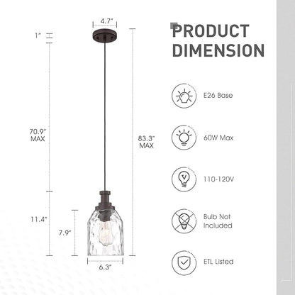 zeyu Modern Pendant Lights Kitchen Island 2 Pack, 1-Light Hanging Pendant Lighting for Dining Room, Water Ripple Glass Shade, Oil Rubbed Bronze Finish, ZG33M1L-2L ORB-WG