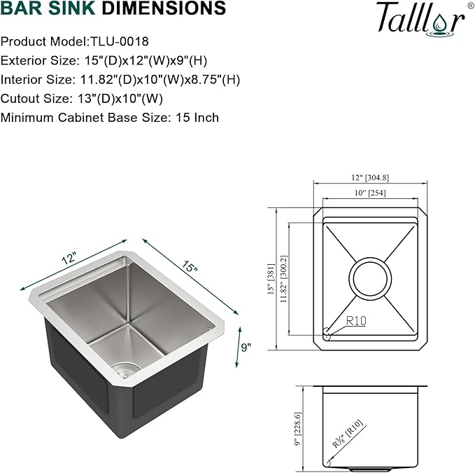 12" Undermount Bar Sink, 16 Gauge Stainless Steel Workstation Prep Sink with Cutting Board & Drain Strainer, Small Single Bowl Wet Bar Sinks for RV, Kitchen Island, Brushed Nickel #TLU-0018