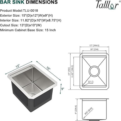 12" Undermount Bar Sink, 16 Gauge Stainless Steel Workstation Prep Sink with Cutting Board & Drain Strainer, Small Single Bowl Wet Bar Sinks for RV, Kitchen Island, Brushed Nickel #TLU-0018