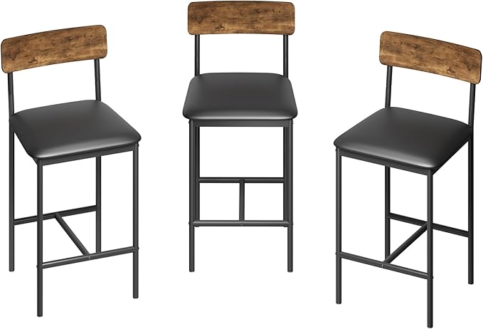 TrailBlaze Bar Stools Set of 2, 25.5'' Counter Height Upholstered Bar Chairs with Back & Footrest, Faux Leather, Thick Cushion - Black Metal Frame - Kitchen Island, Home Bar, Small Space