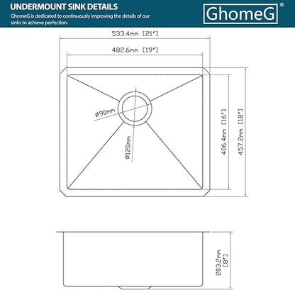 21 Undermount Kitchen Sink 21"x18"x8" Single Bowl 16 Gauge Stainless Steel Under Counter Single Bowl Kitchen Sinks Basin with Drain Strainer