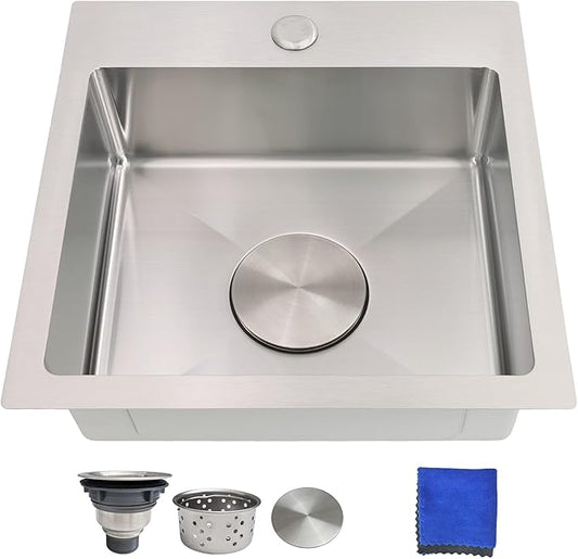 15 Inch Bar Sink Drop In - Delironexu 18 Gauge Stainless Steel Small Kitchen Sink, 15"x15" Single Bowl Square Wet Bar with Brushed Finish for Outdoor, RV, and Prep Use