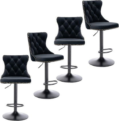 Rhomtree Velvet Swivel Bar Stools Upholstered Bar Stool with Button Tufted Back and Pull Ring Height Adjustable Barstools 25-33 Inch for Home Pub and Kitchen Island (Black with Black Bas, Set of 4)