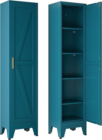 67" Tall Storage Cabinet with Reversible Doors and Adjustable Shelves,Metal Slim Freestanding Cabinet for Bathroom Kitchen Garage Small Spaces,Blue,5-Tier 1 Pack