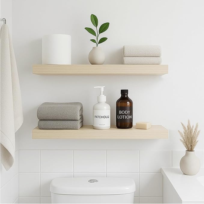 INHABIT UNION White Oak Floating Shelves for Wall, 24 in Wall Mounted Shelves Perfect for Bedroom, Bathroom, Living Room and Kitchen Decoration Storage（Set of 2）