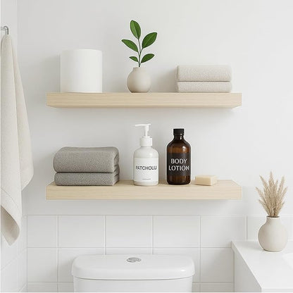 INHABIT UNION White Oak Floating Shelves for Wall, 24 in Wall Mounted Shelves Perfect for Bedroom, Bathroom, Living Room and Kitchen Decoration Storage（Set of 2）
