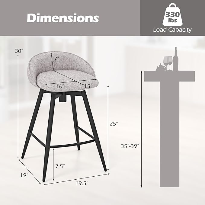 Giantex Swivel Bar Stools Set of 2, 25" Counter Height Bar Chairs with Footrest, Low Backs & Metal Frame, Upholstered Line Fabric Barstools for Kitchen Island, Cafe & Pub, Grey