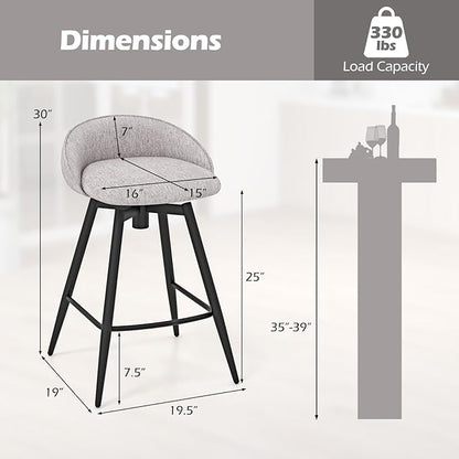 Giantex Swivel Bar Stools Set of 2, 25" Counter Height Bar Chairs with Footrest, Low Backs & Metal Frame, Upholstered Line Fabric Barstools for Kitchen Island, Cafe & Pub, Grey